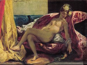 Reclining Odalisque eller, Woman with a Parakeet, 1827